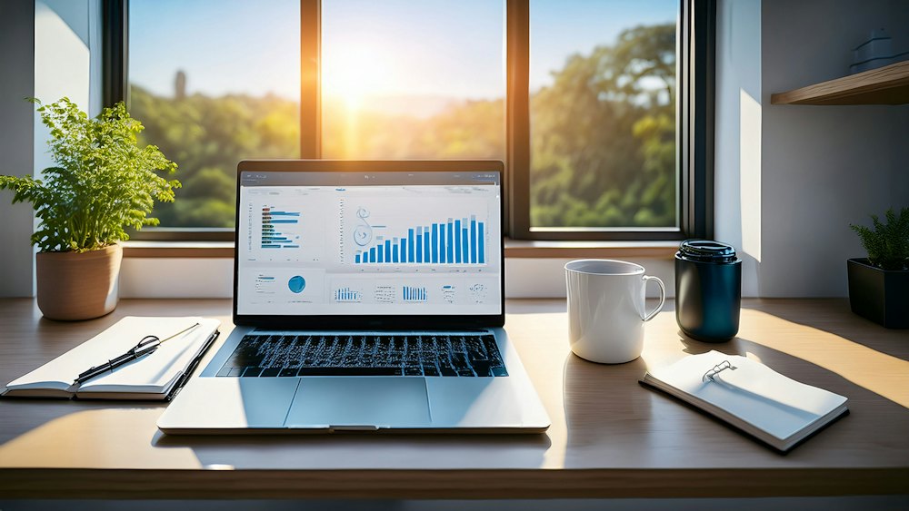 Laptop showing management report charts